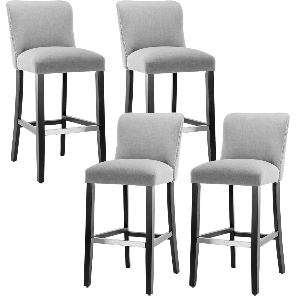 

29'' Linen Bar Stools Set of 4, Modern Linen Upholstered Bar Height Bar Chairs, Fabric Comfy Barstools with Back, Nailhead