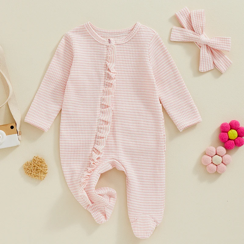 

2024-07-18 Lioraitiin Baby Girls Footies Rompers Stripe Print Round Neck Ruffles Long Sleeve Infant Jumpsuits with Headband