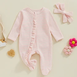 2024-07-18 Lioraitiin Baby Girls Footies Rompers Stripe Print Round Neck Ruffles Long Sleeve Infant Jumpsuits with Headband