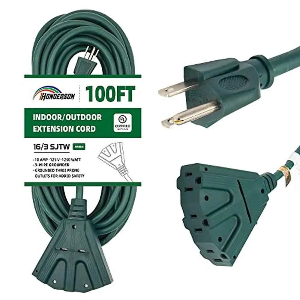 3-Outlet Heavy Duty Indoor Outdoor Extension Cord UL Listed 16 Gauge 100FT Green 3 Prong Power Strip Tools Christmas Lights