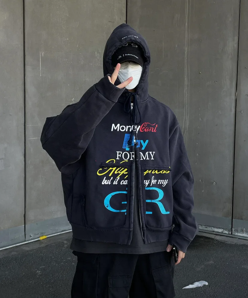 

Винтажная толстовка с капюшоном Ailz Project Waed на молнии, толстовка с капюшоном Jaet Distred Slogan, повседневная одежда из хлопка и полиэстера для подростков