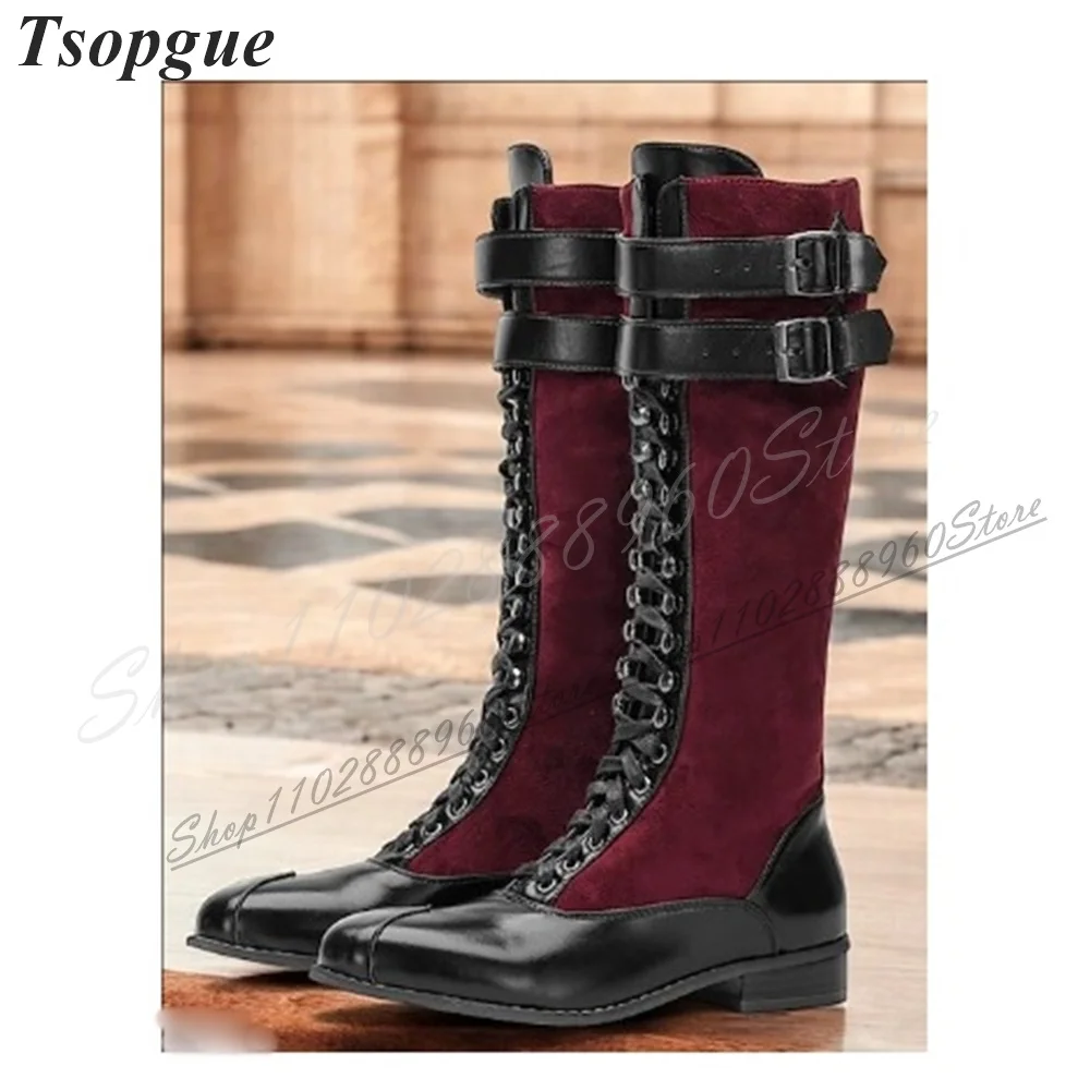 

Knee High Mixed Cross Tied Buckle Strap Knight Boots Flat With Shoes For Women Side Zipper Round Toe 2024 Zapatos Para Mujere