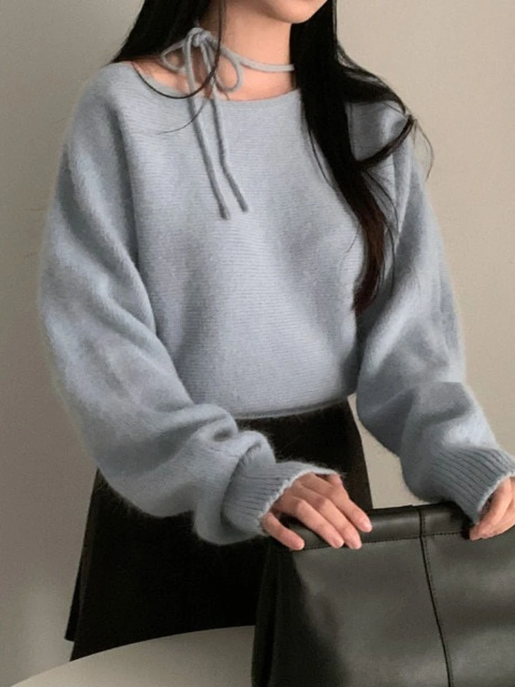 

Korobov Korean Chic All Match O Neck Halter Long Sleeve Solid Loose Bandage Knitted Pullover