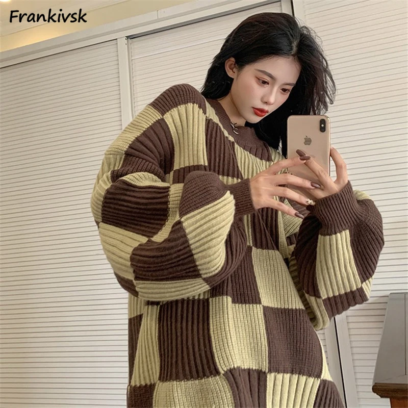 

Plaid Sweaters Women Contrast Color Temperament Korean Style Cozy Soft Elegant Round Neck Warm Chic Fashion All-match Aesthetic