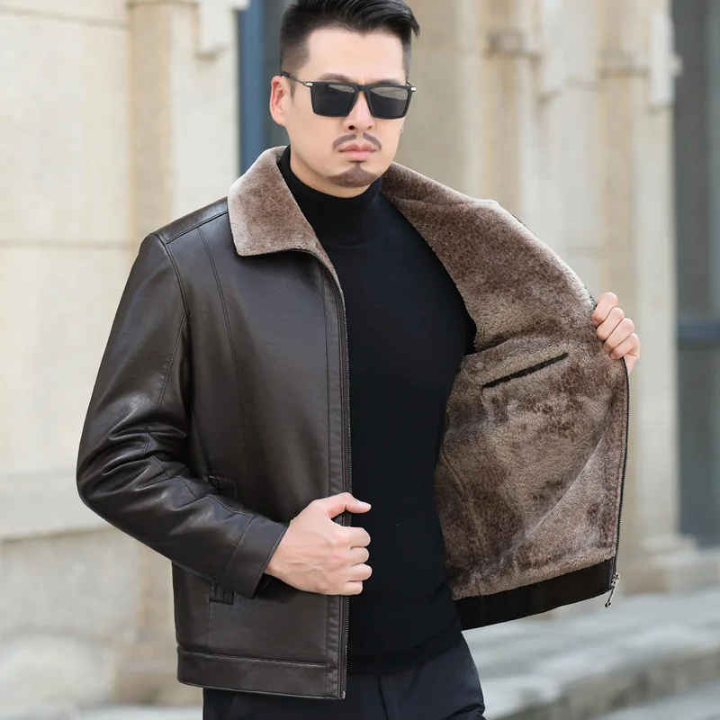 海寧山羊革ジャケット メンズ 本革ジャケット ショートラペル カジュアル ファーとベルベットの厚手コート