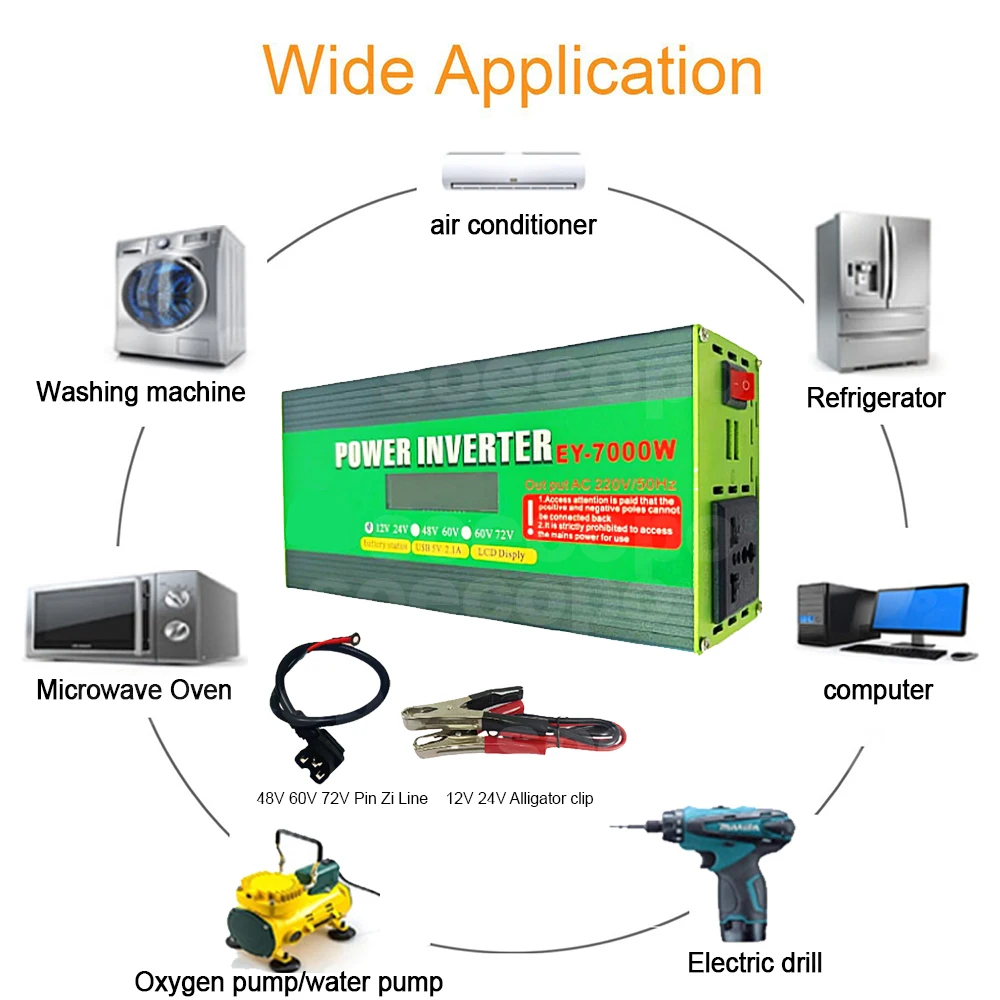 Smart Dual Voltage Inverter 7000W Peak Power LCD Screen Monitoring Multi-Protection Dual USB Ports 12V-72V Compatibility