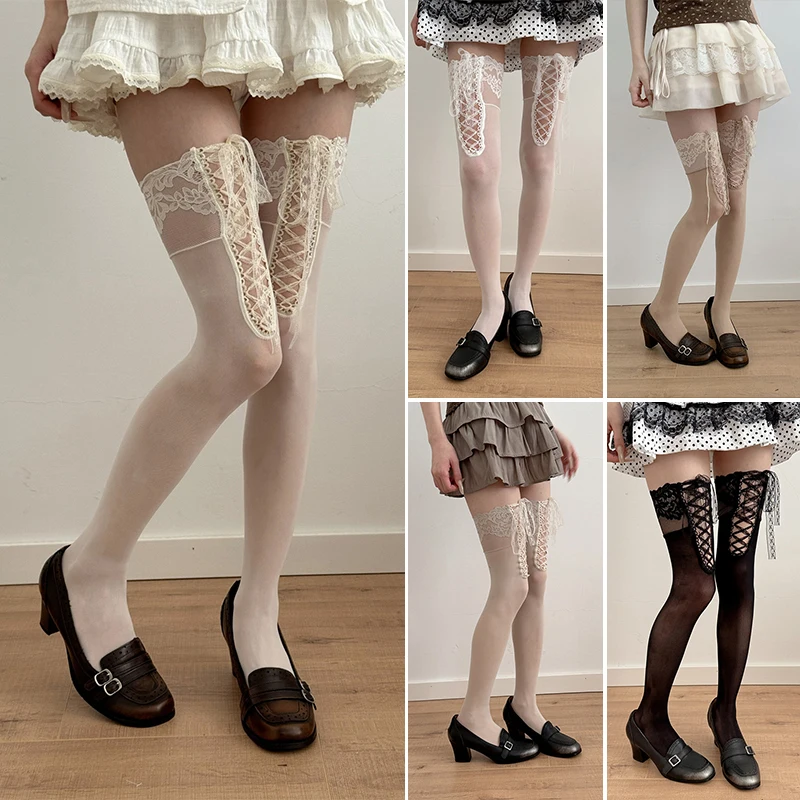 Vintage Doll Ballet Style Lace Tie Stockings Princess Dress Lolita Retro French Over The Knee Socks Daily Sweet Skirt Stockings