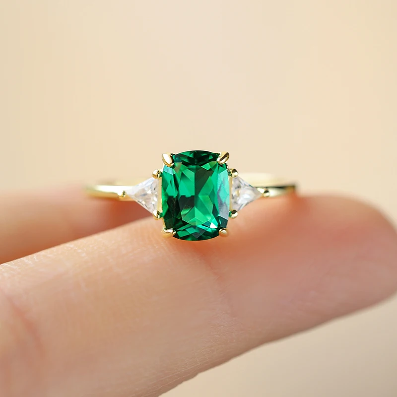 Fashionable Luxury Authentic S925 Sterling Silver 14K Gold Light Green Geometric Jewelry Ring for Women