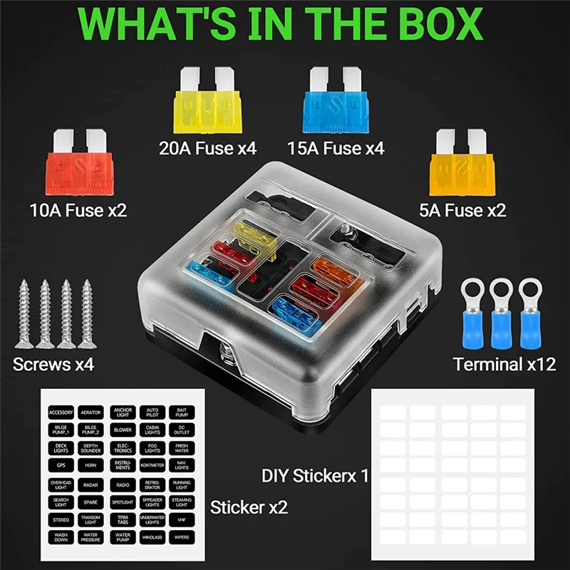 6 Way Waterproof Fuse Block,with LED Indicator with Negative Marine Fuse Box for Dc12-24V Car Boat RV