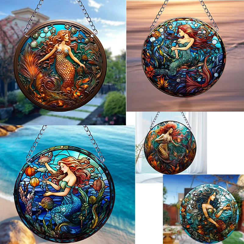 Blue Mermaid Stained Windows Hangings Suncatcher Mermaids Suncatchers Window Ornament Panel Sun Catcher Wall Hanging Decor