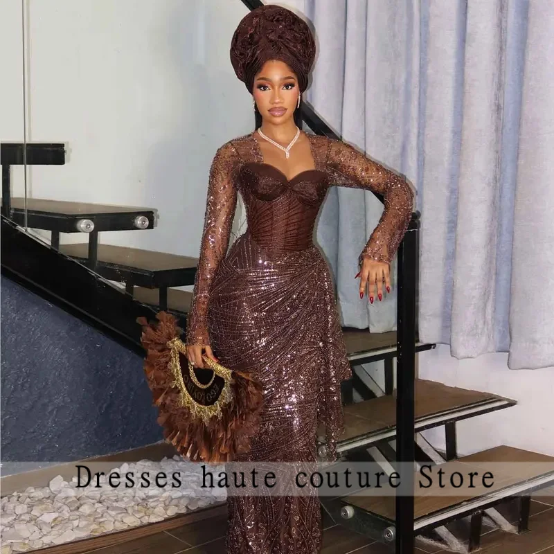 Nigerian Brown Lace Birthday Dress Sparkly Sequins Beaded African Bridal Dress Customized Coco Aso Ebi Wedding Party Dresses