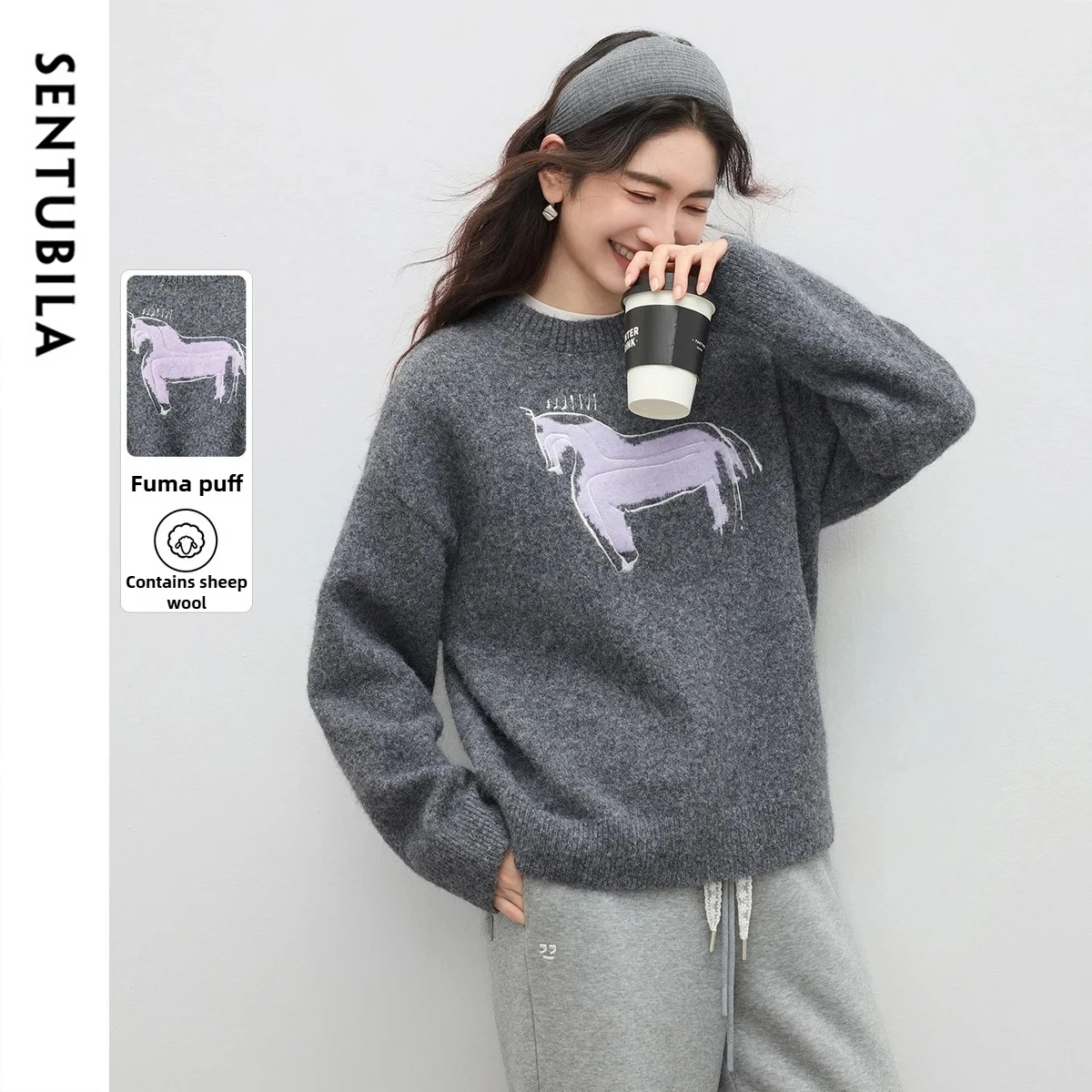 

SENTUBILA женский свитер из смеси шерсти, вязаные топы с контрастной вышивкой, круглым вырезом, свободными плечами, эластичные мягкие джемперы W54EE4104