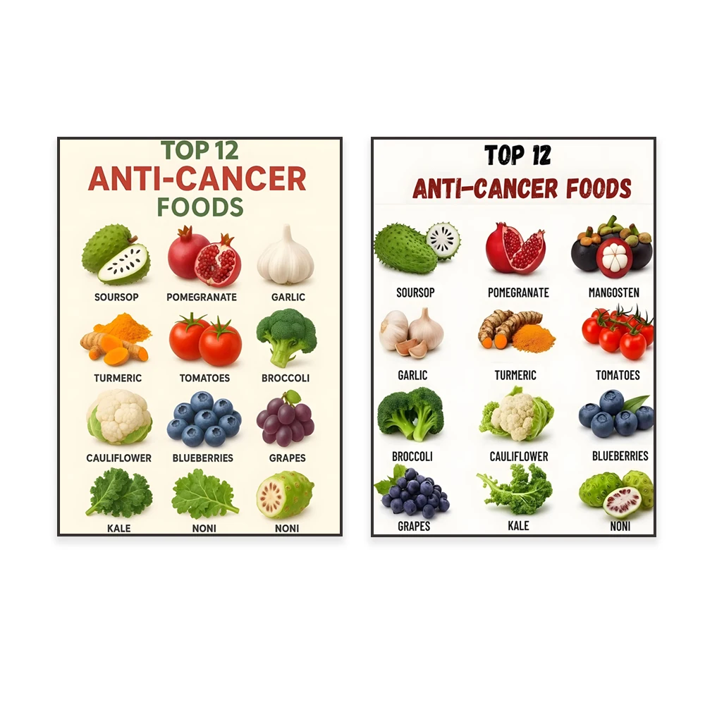 A chart of anti-cancer foods, rich in various beneficial components, reducing inflammation and boosting overall immunity.