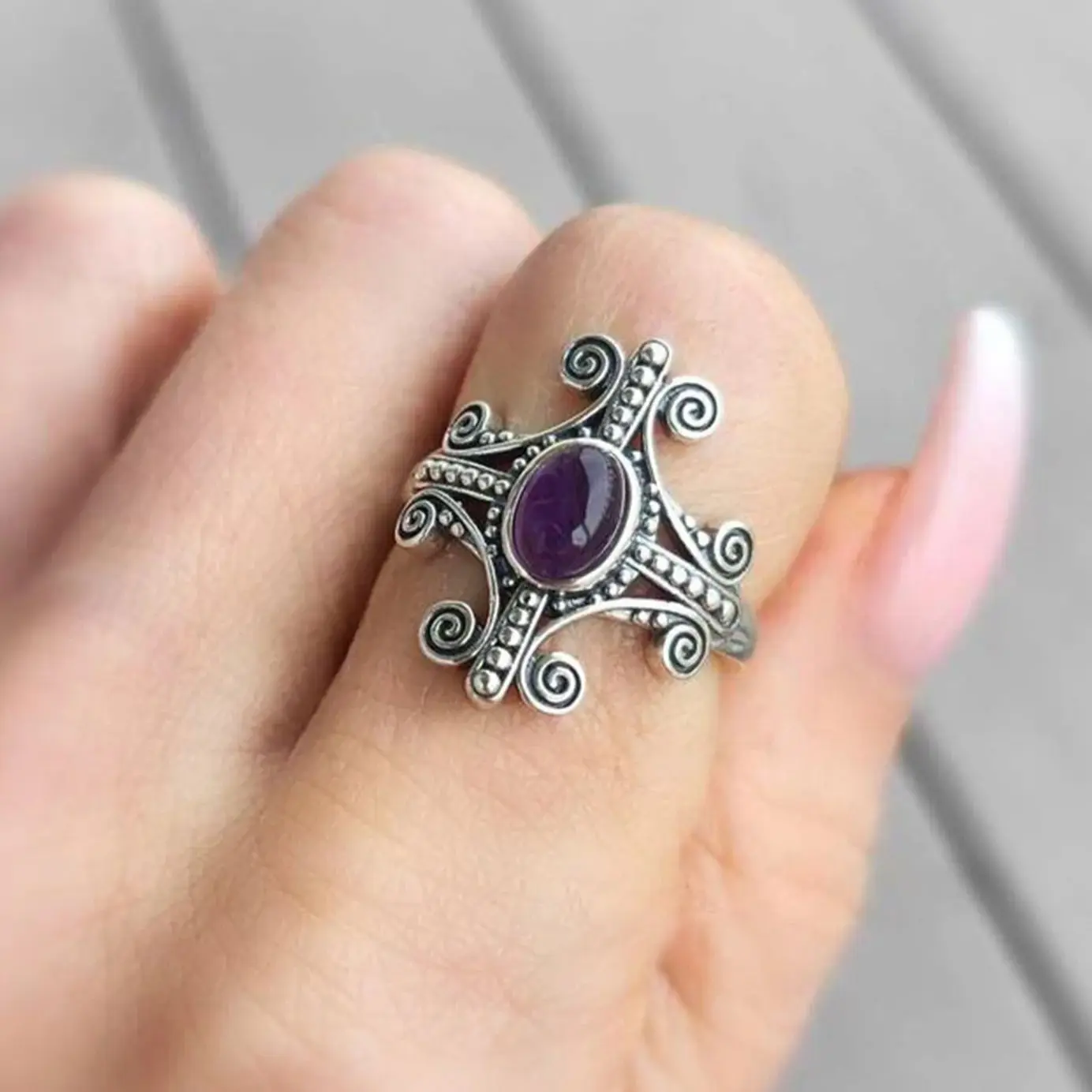 1 Pc Vintage Hollow Cross Amethyst Silver Colour Ring Woman Party Prom Gift Size 6-10 Closed  Ring Jewelry