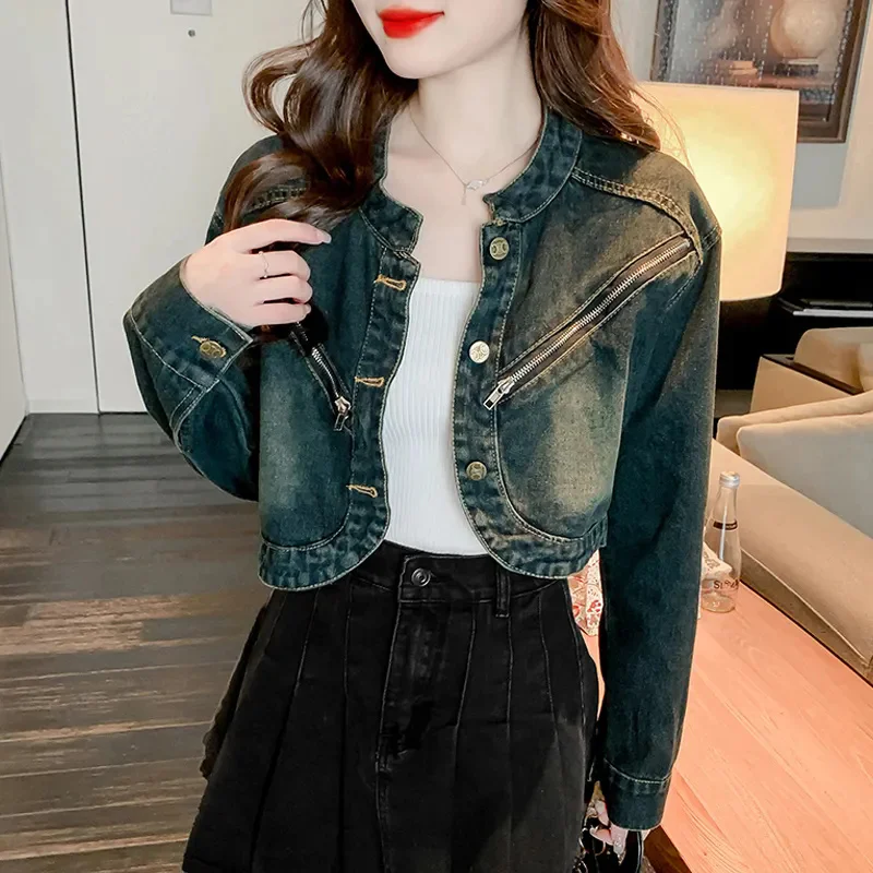 Female Korean High Waisted Denim Jacket Women's Spring, Autumn Summer Outfits Ultra Short Stature And Slimming Motorcycle Jacket