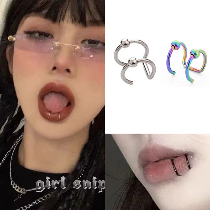 Women Lips Rings Medical Titanium Steel Nose Ring Fake Nose Ring Septum Piercing Clip on Mouth Ring Fake Piercing Body Clip Hoop