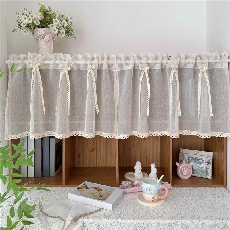 French Romantic Beige Bow Short Sheer Curtain with Crochet Lace Bottom Rod Pocket for Kitchen Living Room Bedroom Home Decor