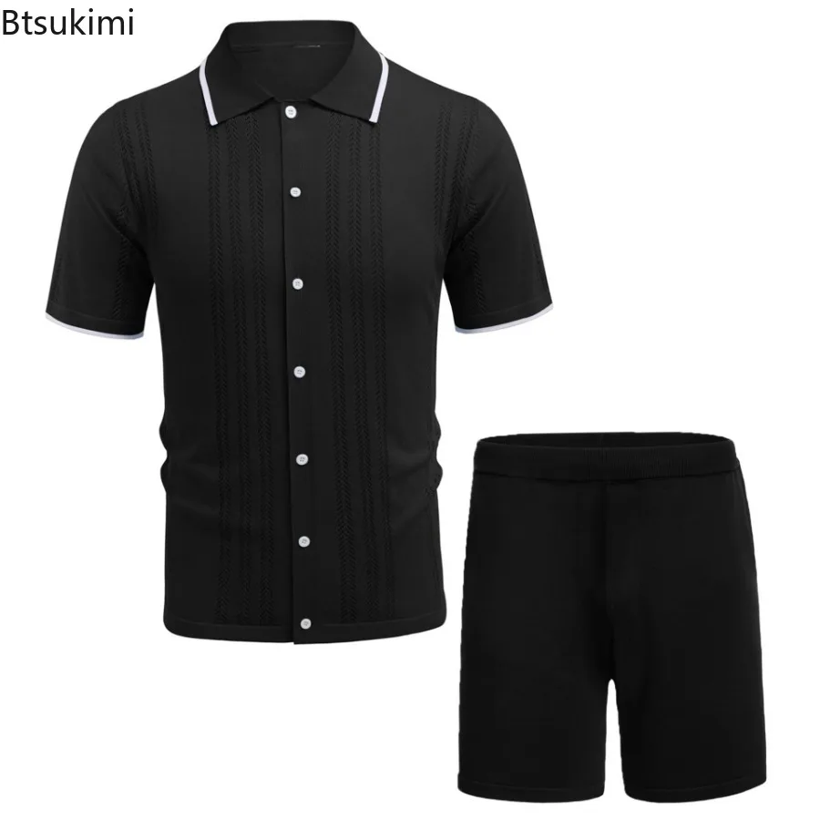 Fashion Men's Business Casual Knitted Two Pieces Sets Summer New Ice Silk Short Sleeve Cardigan and Shorts Men Polo Shirts Suit