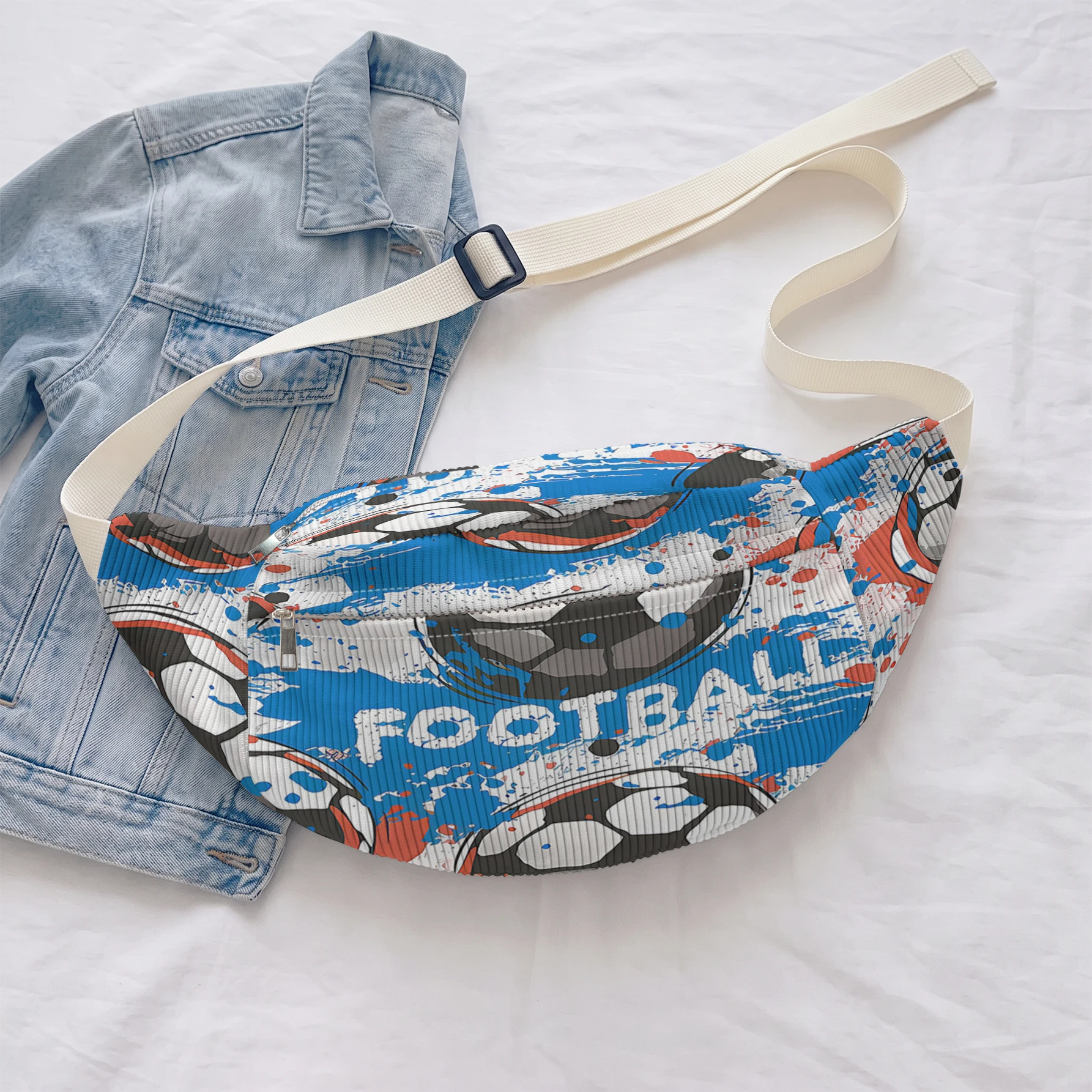 Corduroy Football Graffiti Print Fanny Pack Adjustable Crossbody Waist Bag For Travel Sports Daily Use