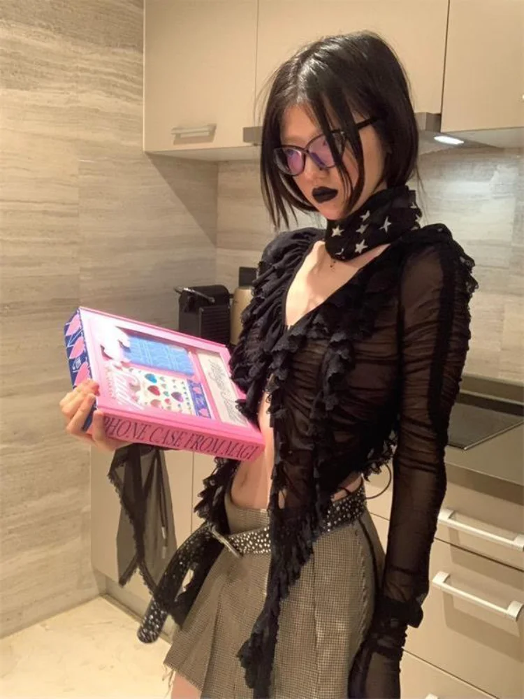 Ruffles Hotsweet Camicie Donna Estate Manica lunga Ritagliata Per il tempo libero Protezione solare Scollo a V Clubwear sexy Stile europeo Hip Hop Estetica