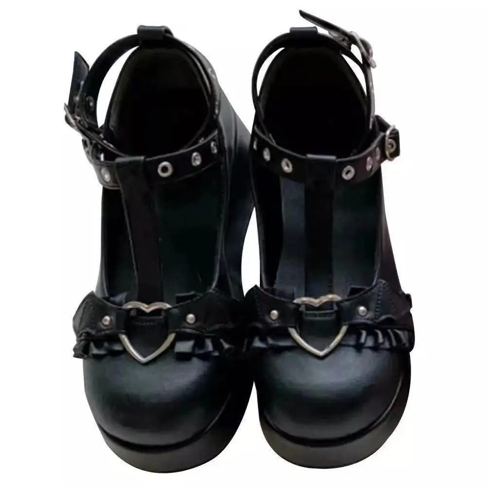 new Sweet Heart Buckle Wedges Mary Janes Women Pink T-Strap Chunky Platform Lolita Shoes Woman Punk Gothic Cosplay Shoes