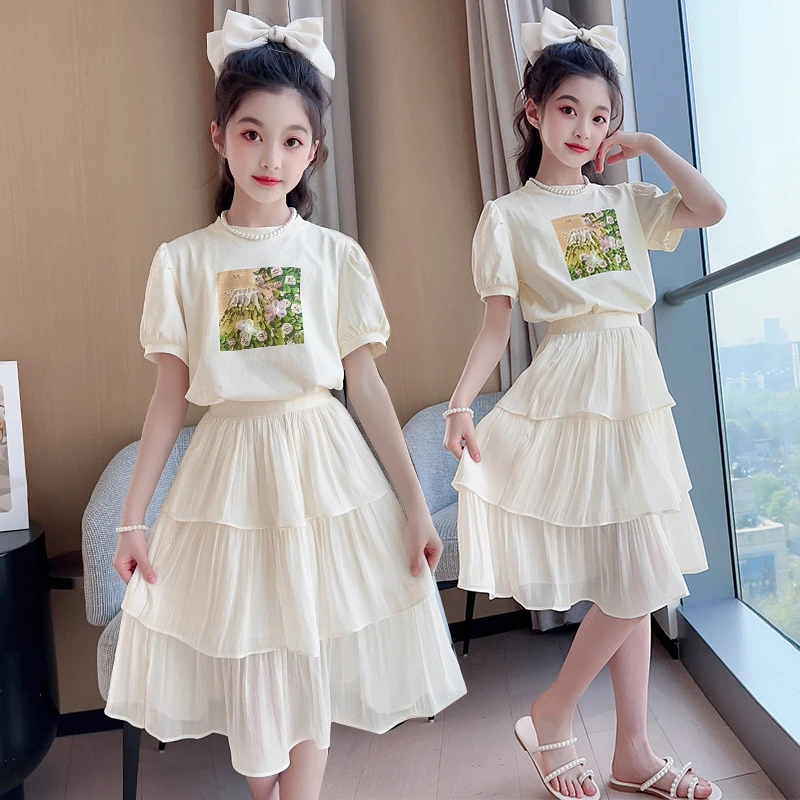Girls' summer dress, stylish children's dress, summer princess dress, cake dress, big girl's short-sleeve two-piece dress