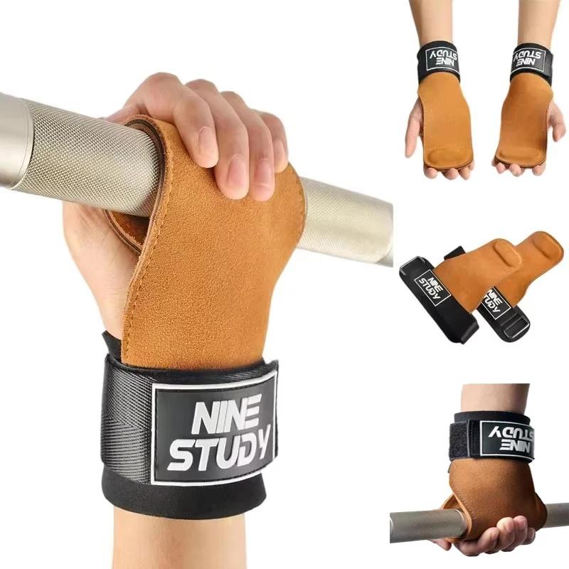 1Pair Deadlift Straps with Wrist Wraps & Palm Protectors, 3/5mm Cowhide Lifting Grips for Pull-Up Weightlifting Gym