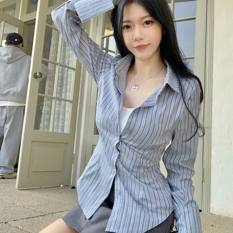 

Office Lady Shirts Striped Single-breasted Blouse Women New Long Sleeve Tops Turn-down Collar Korean All-match Shirt