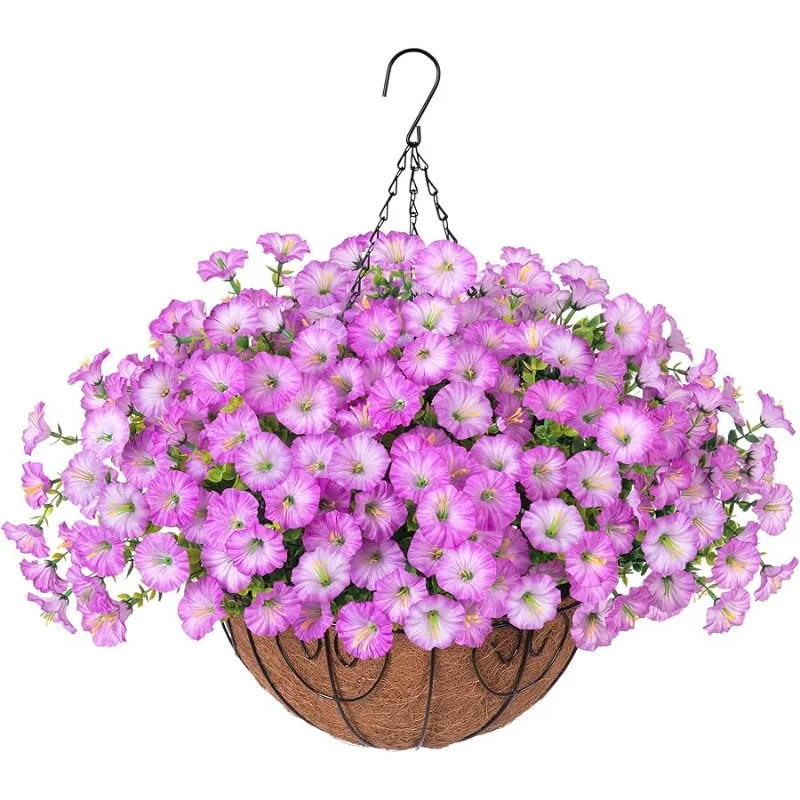 Artificial Fake Hanging Flowers Plants in Basket for Outdoor Decoration, 12 Pcs Faux Morning Glory in Planter Realistic UV Resis