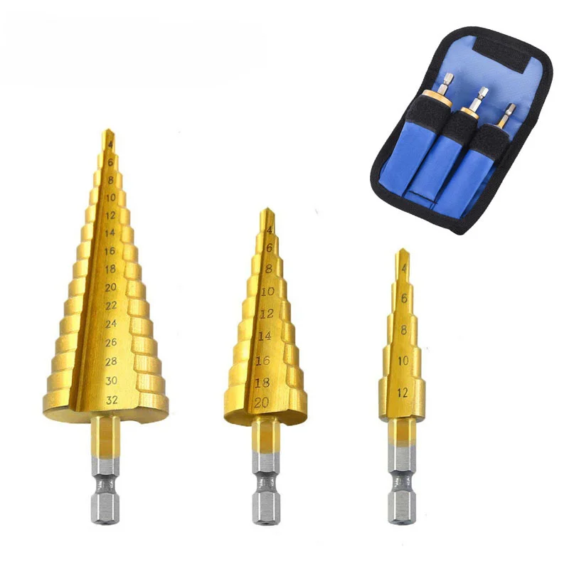 

HSS Straight Fluted Pagoda Step Drill 3Pcs Cloth Bag Hex Shank Reamer Bit Set Titanium Coated Wood Metal Hole,3-12 4 -12 4-20MM