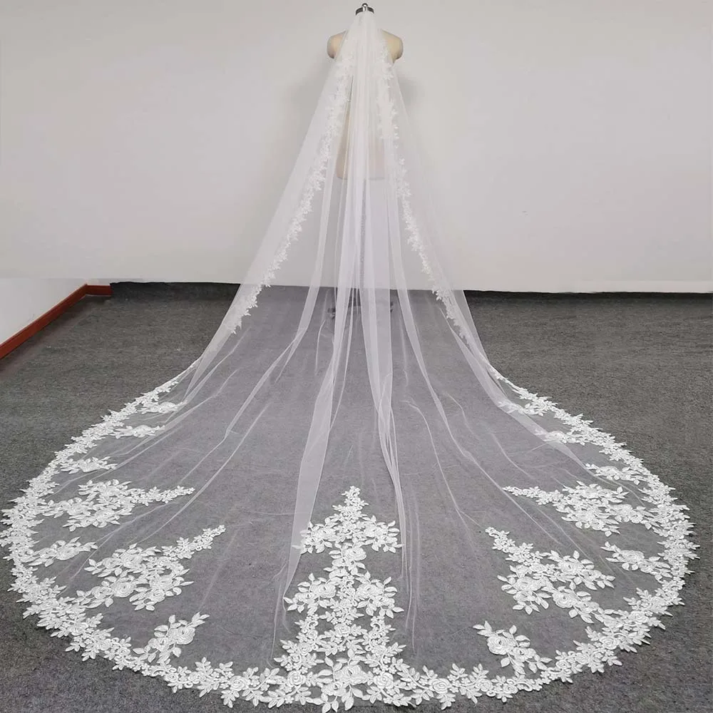 Real Photos Beautiful Lace Wedding Veil 4 Meters Long One Layer Bridal Veil with Comb White Ivory Bride Veil Wedding Accessories