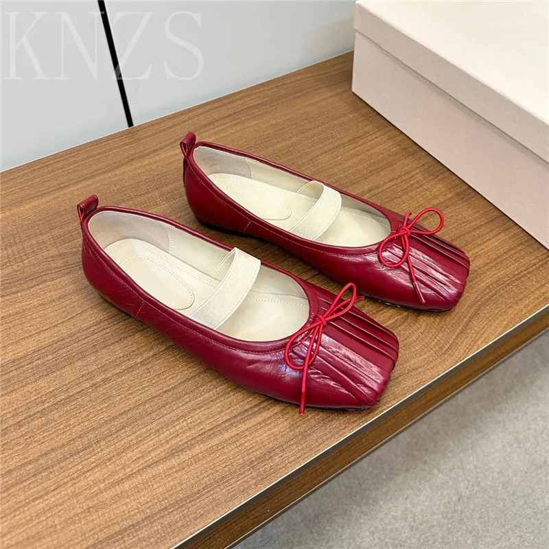 

Spring New Square Toe Real Leather Ballet Flats Bow-knot Pleated Decor Loafers Concise Casual Mary Jane Single Shoes Women 2024