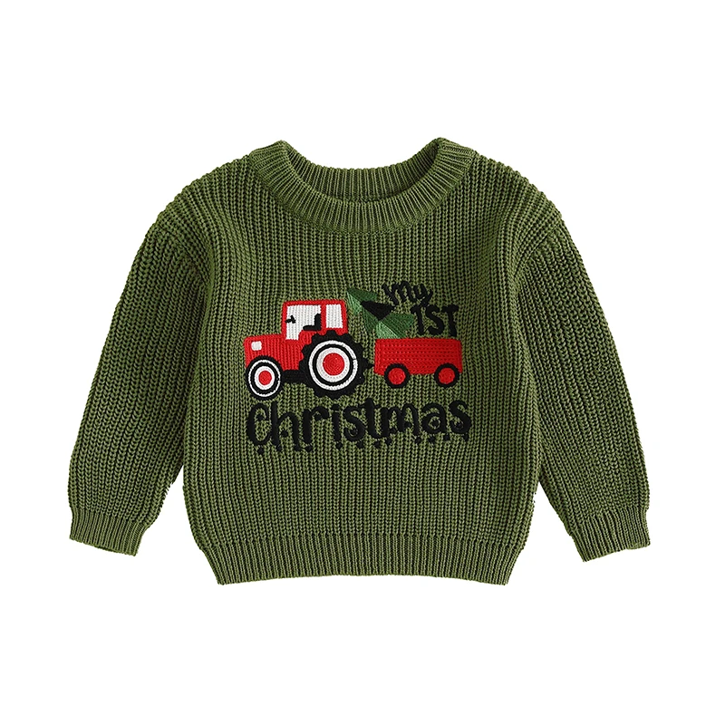 Toddler Baby Girl Boy Christmas Knit Sweater Letter Tree Embroidery Long Sleeve Pullover Tops Infant Winter Clothes