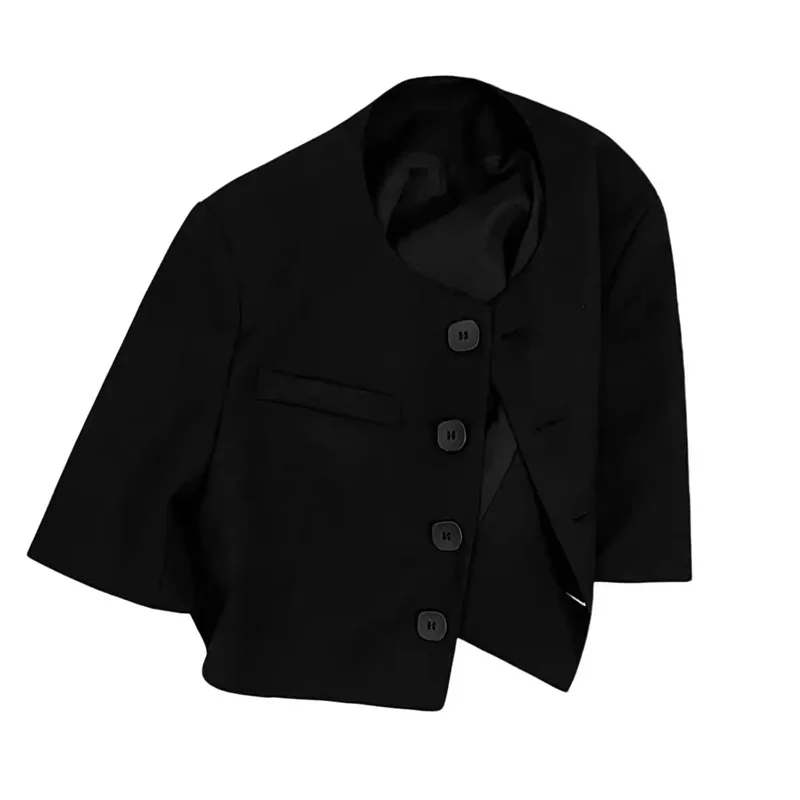 เสื้อแจ็คเก็ตผู้หญิงสีดำแบบสั้น เสื้อคลุมสูทผู้หญิงคุณภาพสูง สไตล์ลำลอง เสื้อคลุมคาร์ดิแกนทรงหลวม เสื้อแจ็คเก็ตบางสไตล์สตรีท