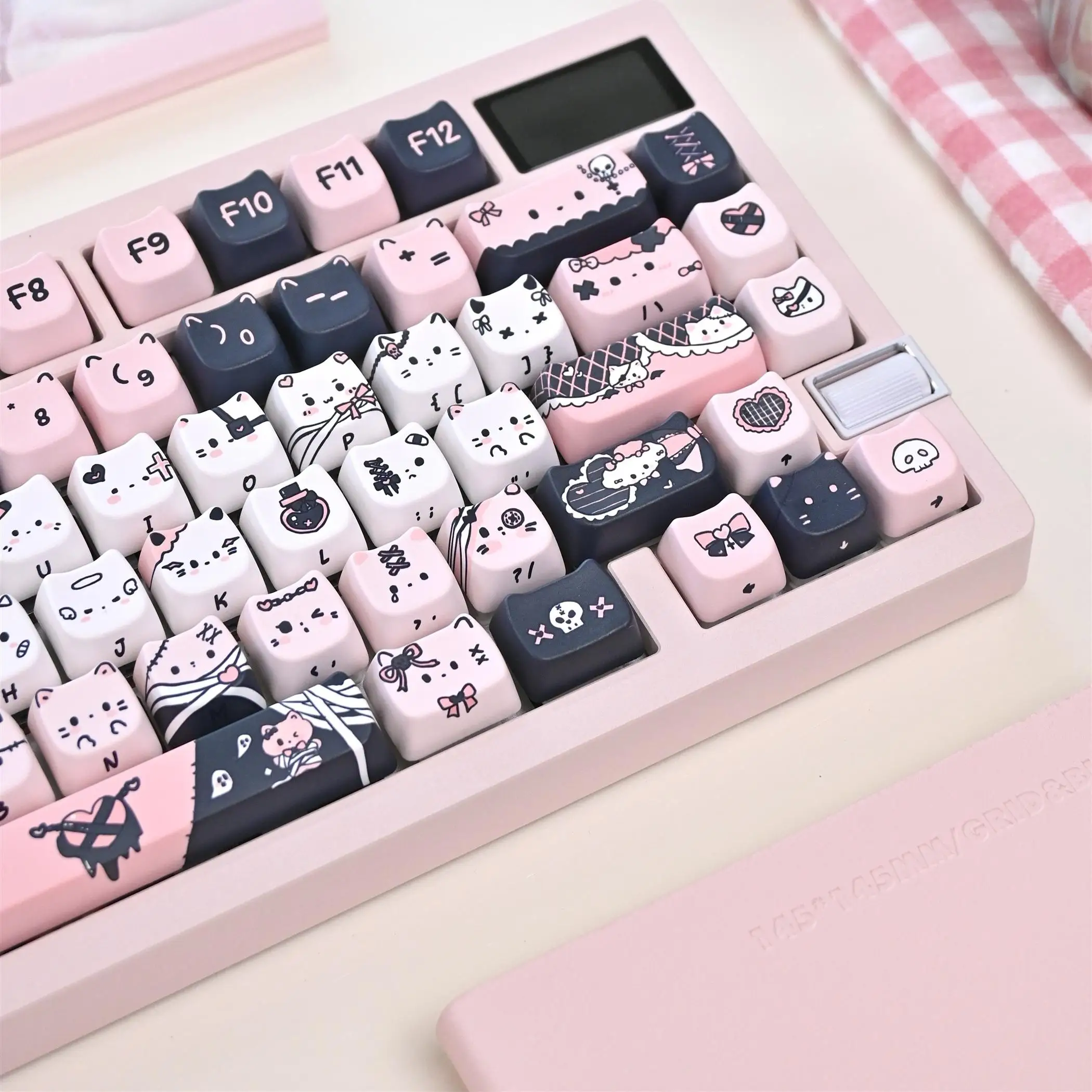 Capuchons de touches Meow polyvalents MAO, tête de chat mignonne, Style dessiné à la main, PBT, Sublimation thermique, noir, rose, pour clavier mécanique