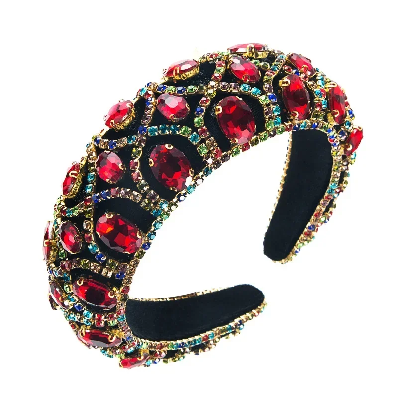 

Red Crystals Baroque Headband Velvet European Trendy Hair Accessories Thick Hairband Glass Gem Head Hoop Face Wash Headpiece