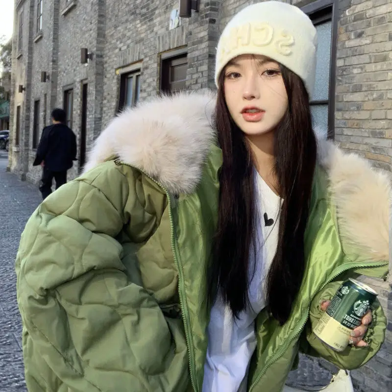 Women Faux Mink Fur Big Lapel Collar Hat Cotton Padded Jacket Fall Winter Thickening Puffer Coat Quilted Cardigan Parka Chaqueta