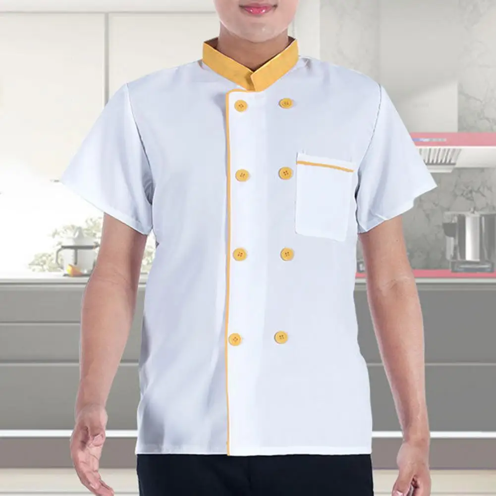 Zomer Chef-Kok Uniform Double-Breasted Korte Mouw Unisex Opstaande Kraag Ademende Keuken Bakkerij Restaurant Kantine Ober Top