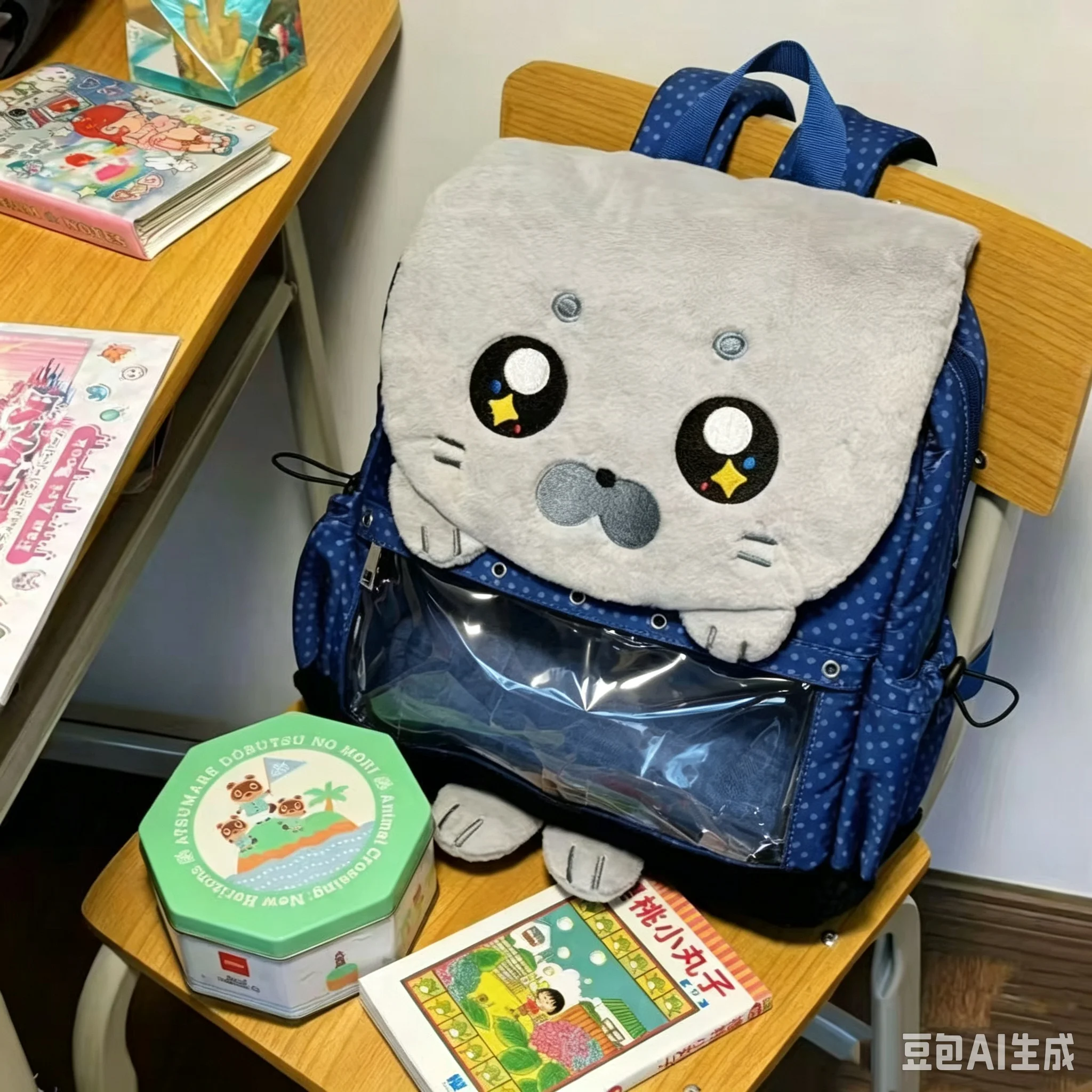Cute Cartoon Plush Seal Student Backpack Blue Polka Dot Design Female Backpack Anime Enthusiast Fashionable Soft School Bag