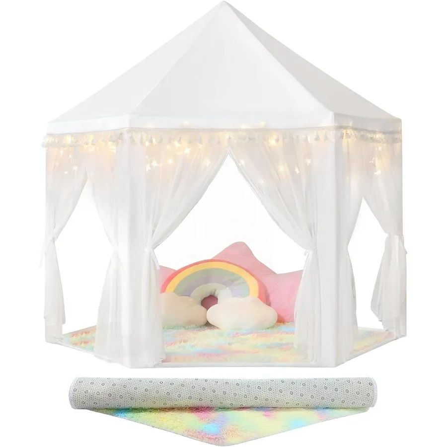 

Домашняя игровая палатка принцессы для девочек с радужным ковриком и звездными огнями — белая палатка для домашних игрушек для игр принцессы для девочек