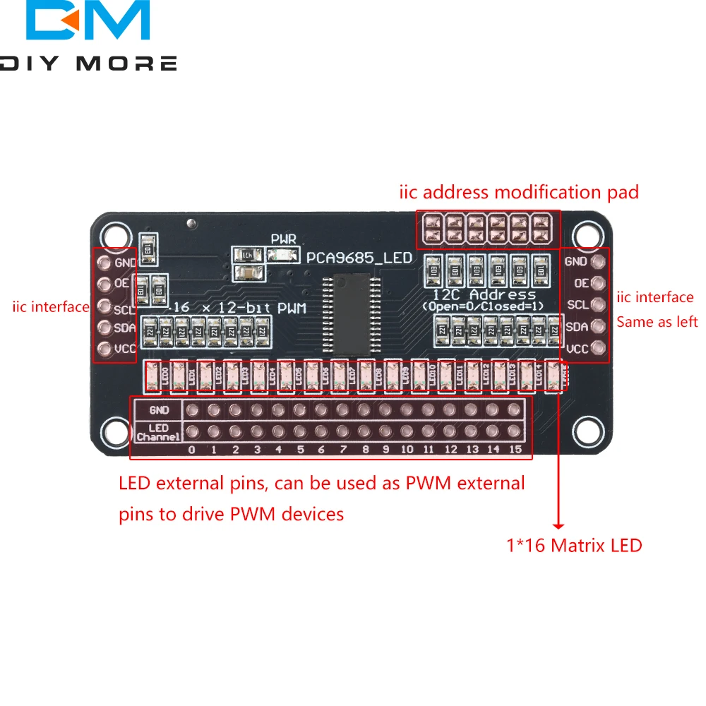 PCA9685 Module 16 Channel LED Driver Board Controller Module I2C Bus PWM Controller Module Development Board