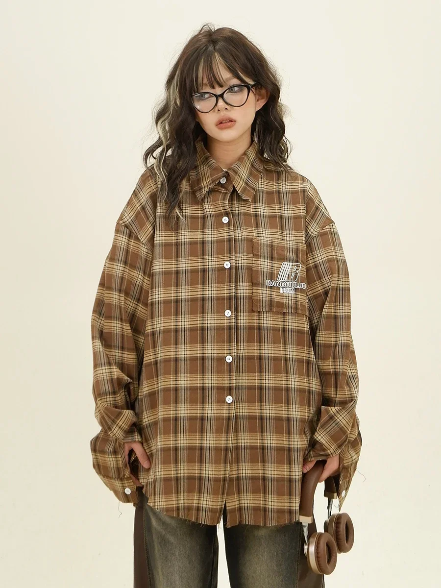 Maillard Plaid Long-sleeved Shirts Women 2024 Autumn New Loose Bf American Street Couple Top