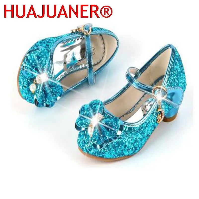 Princess Kids Leather Shoes For Girls Flower Casual Glitter Children High Heel Girls Shoes Butterfly Knot Blue Pink Silver