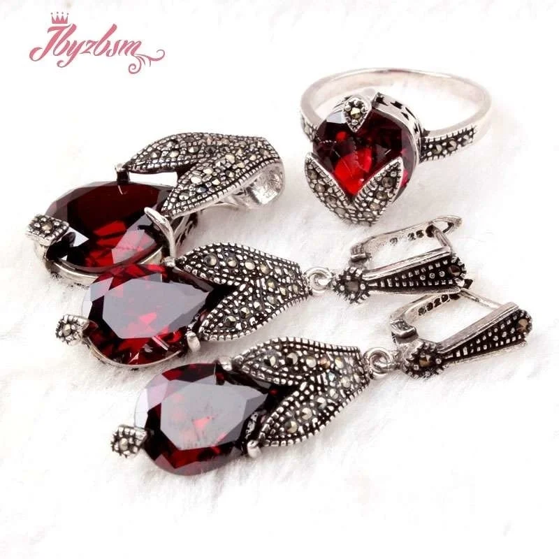 Drop Agates CZ Crystal Shell Marcasite Tibetan Silver Gorgeous Fashion Necklace Pendant Earring Ring Women Fashion Jewelry Set