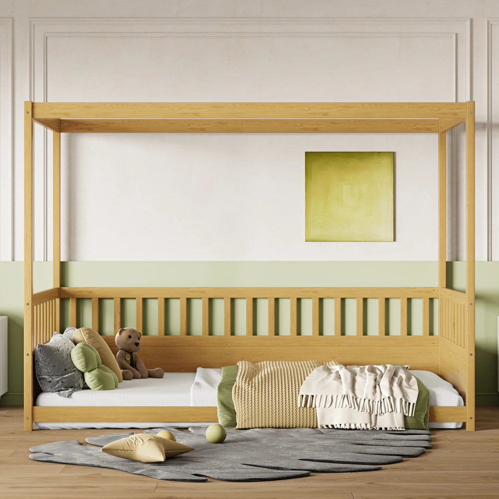 

Twin Canopy Bed Frame with Guardrails, Four Poster Montessori Floor Bed for Kids (Natural)