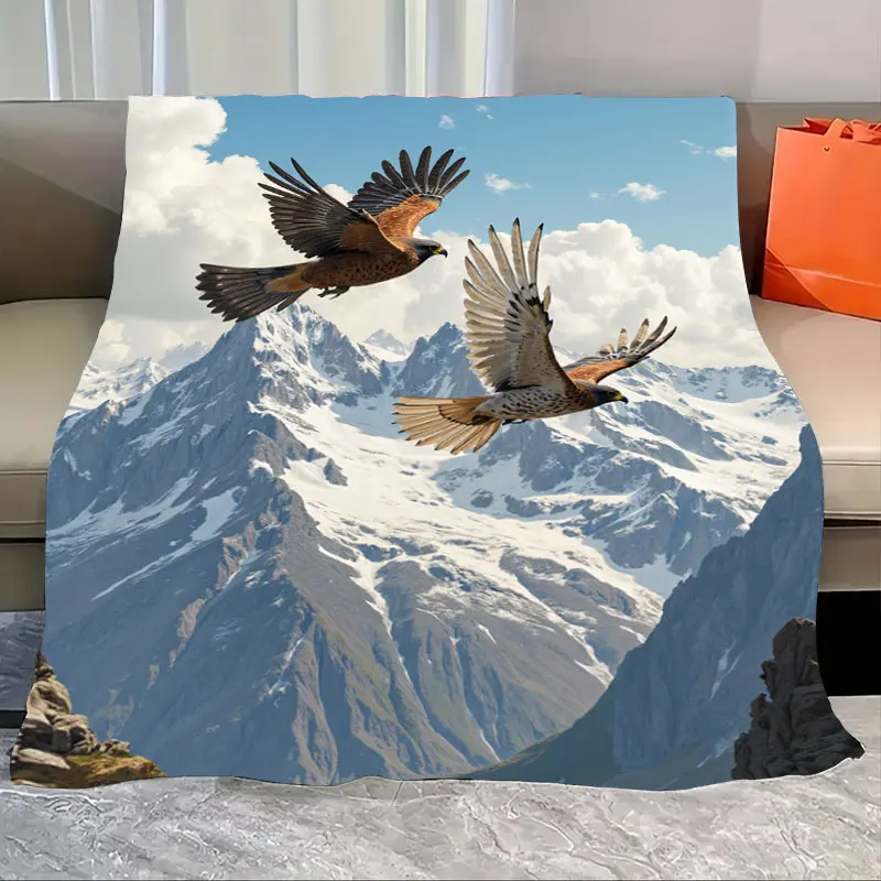 

1pc Flannel Blanket Eagle Soaring Over Snowy Mountains Fleece Blanket - Nature Adventure Style