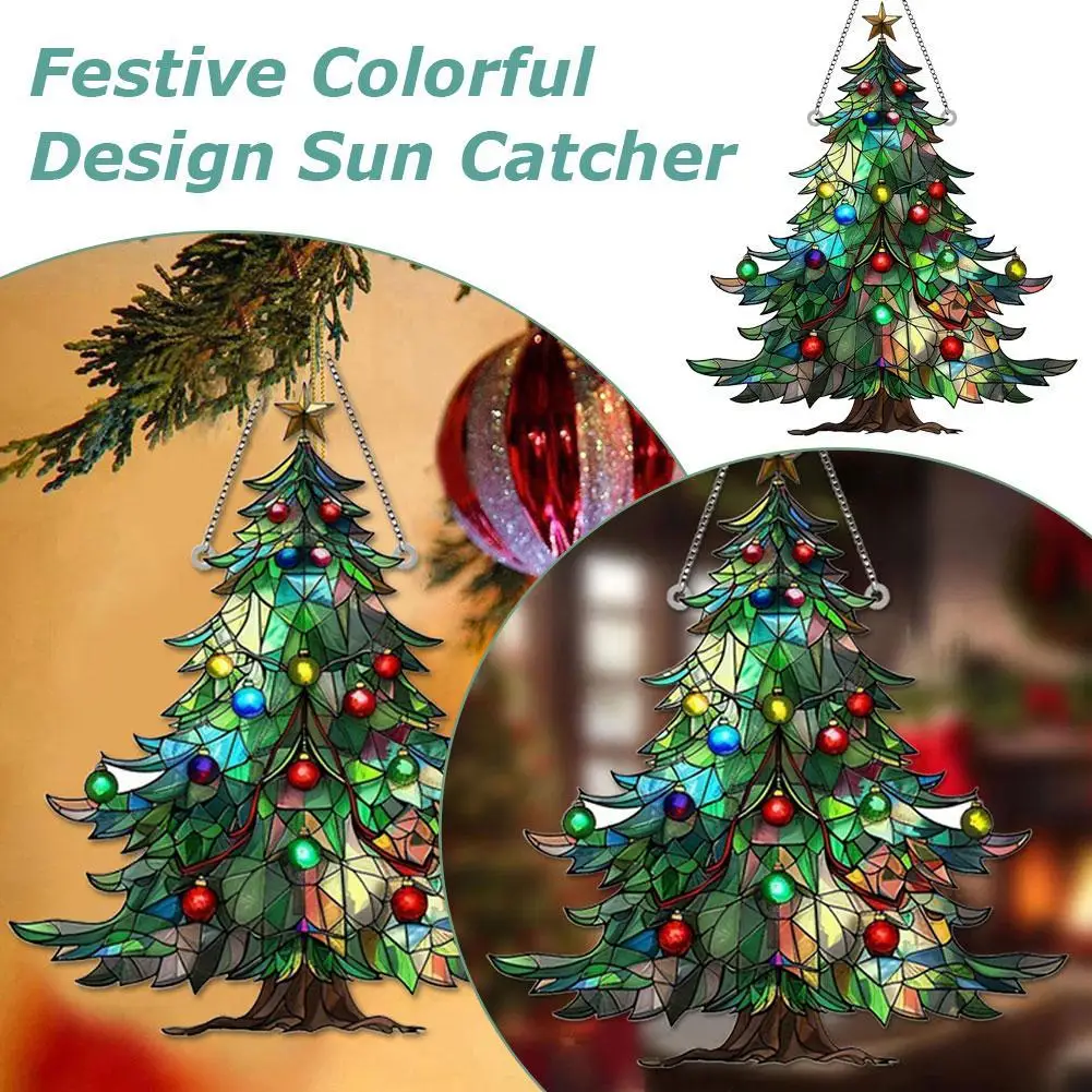 2D Acrylic Christmas Tree Light Catcher Ornament Multicolor Stained Glass Effect Home Garden Decoration For Window Balcony