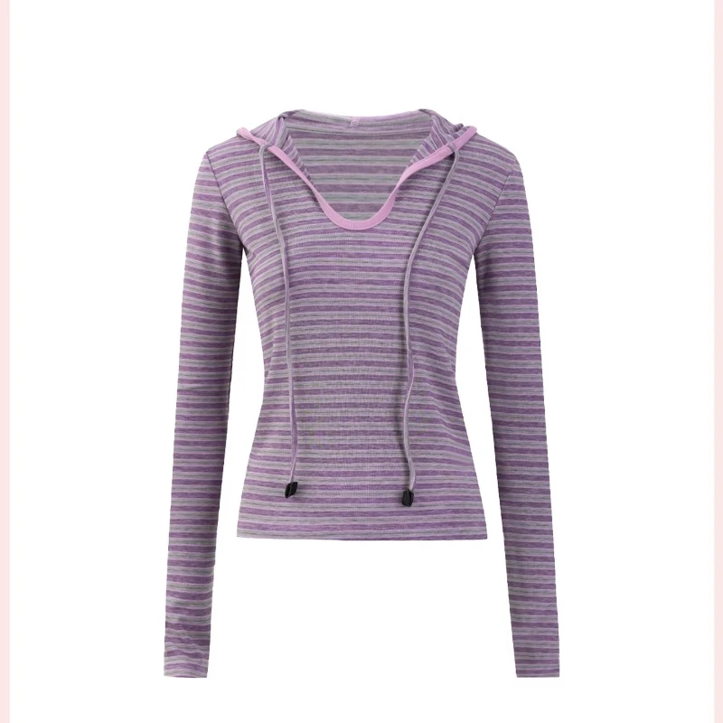 Design vintage casual listrado com capuz camada base moletom feminino 2026 primavera moda personalidade emagrecimento malha topo senhoras