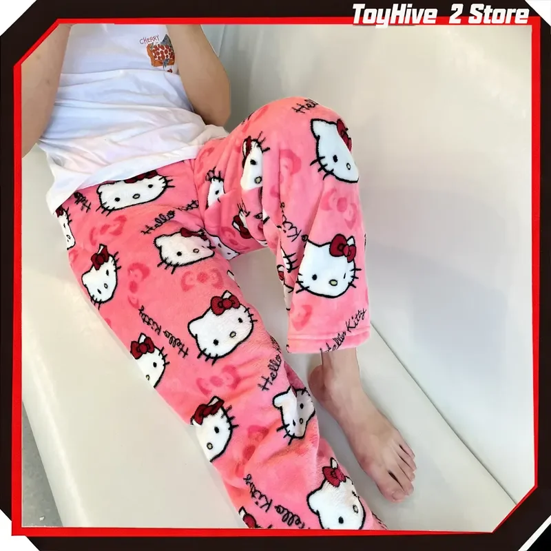 Christmas Sanrio Hello Kitty Pajamas Halloween Flannel Fashion Trouserswomen Kawaii Woolen Anime Cartoon Casual Home Pant Autumn view 5
