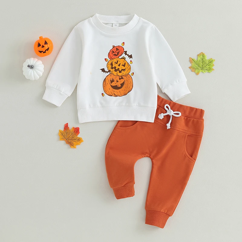 

Infant 2-Piece Halloween Costume Set with Long Sleeve Pumpkin and Bat Print Sweatshirt and Pants - Adorable Toddler Clothing